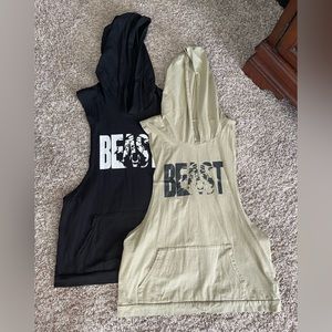 Two (2) BEAST MODE Men Summer Gym Bodybuilding Tank Workout Hooded Tshirts sz L